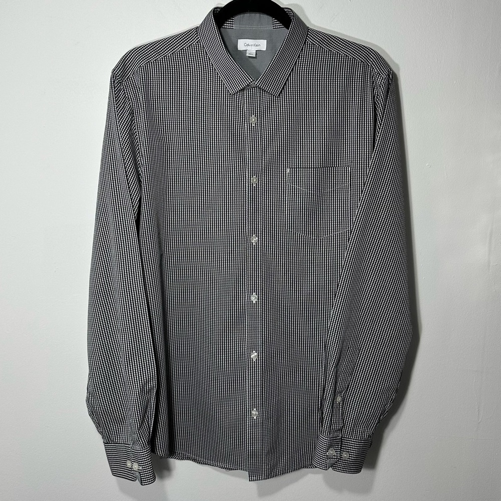 Calvin Klein Shirt Mens L Gray/Black Check Button Up Long Sleeve /Pocket/Cotton